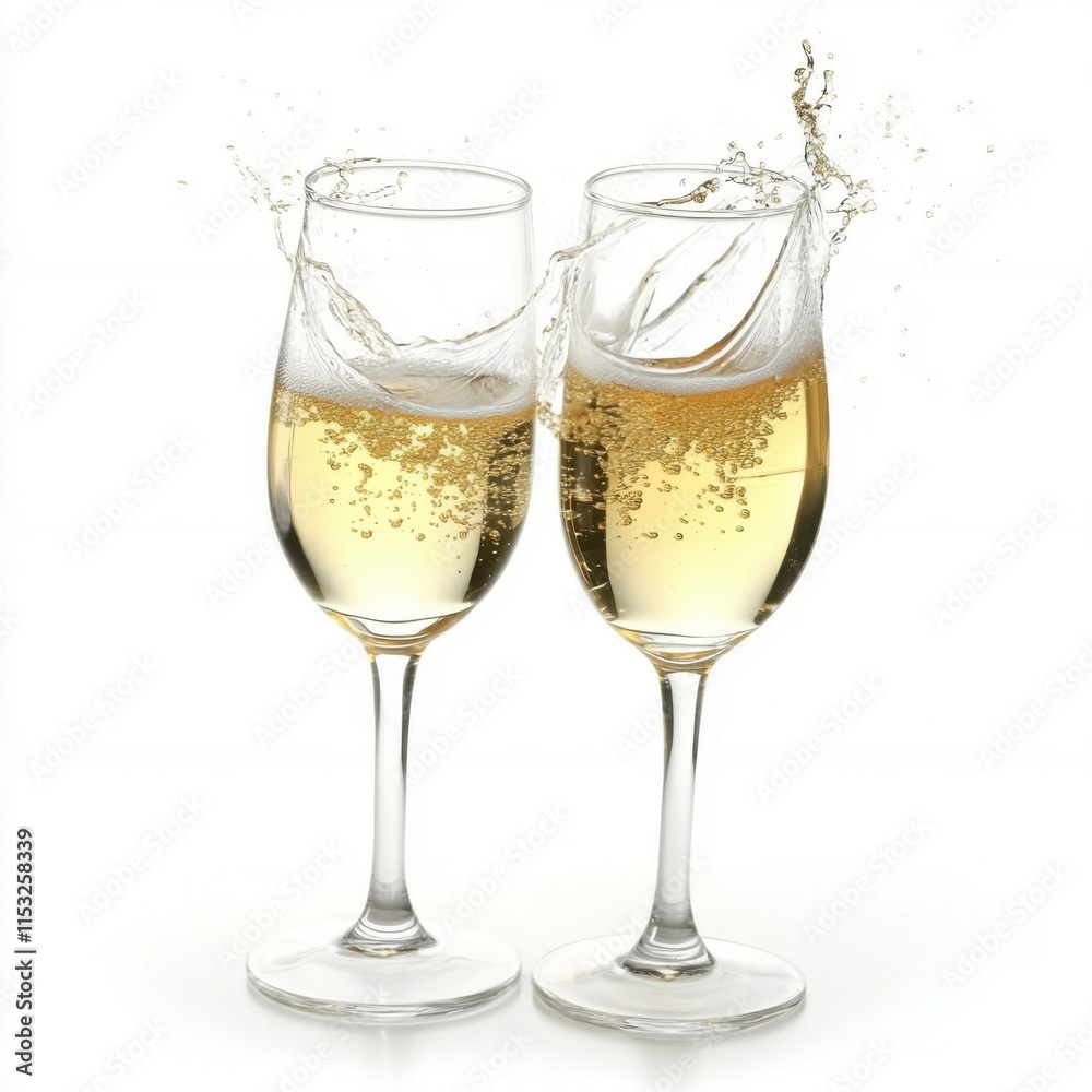 Champagne Glasses Clinking with Golden Bubbles on White Background Champagne Glasses Clinking with Golden Bubbles on White Background
