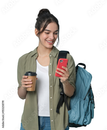 High-Quality PNG smiling woman using smartphone with coffee and backpack on transparent background