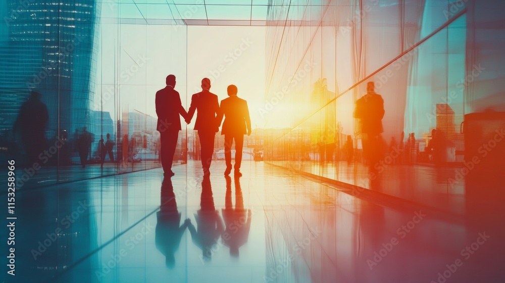 Silhouetted Businesspeople Walking Towards Sunset in Modern Cityscape Silhouetted Businesspeople Walking Towards Sunset in Modern Cityscape