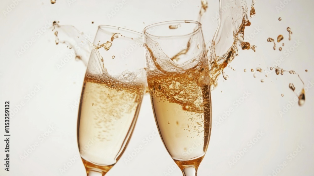 Champagne Glasses Clinking with Golden Bubbles on White Background Champagne Glasses Clinking with Golden Bubbles on White Background