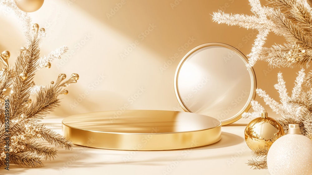 3D Christmas podium display with ornaments and evergreen branches golden silver and green poster background, new year and xmas advertising showcasing 3D Christmas podium display with ornaments and evergreen branches golden silver and green poster background, new year and xmas advertising showcasing