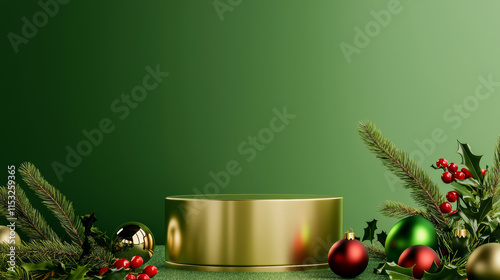 3D Christmas podium display with ornaments and evergreen branches golden red and green poster background, new year and xmas advertising showcasing