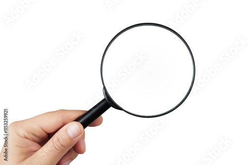 High-Quality PNG hand holding magnifying glass on white background photo