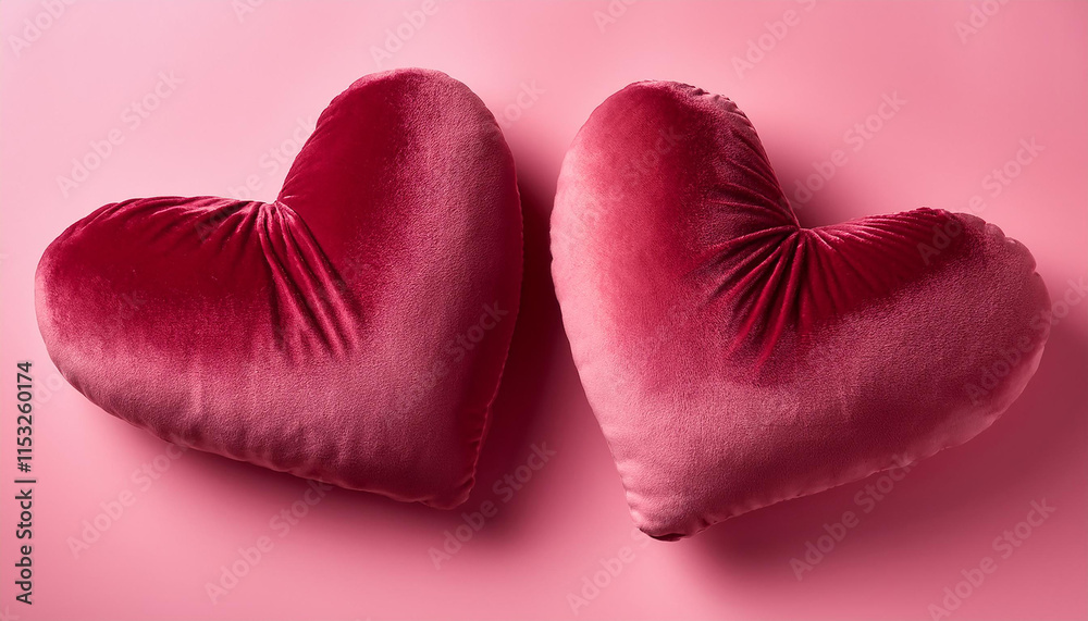Two velvet heart-shaped pillows on pink background. Cozy home decor. Two velvet heart-shaped pillows on pink background. Cozy home decor.