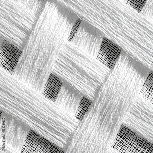 Close-up view of intricate white woven texture, showcasing a delicate interplay of fibers and patterns.
