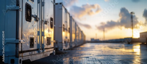 Sunset over refrigerated shipping containers in a port setting, creating a tranquil atmosphere. photo