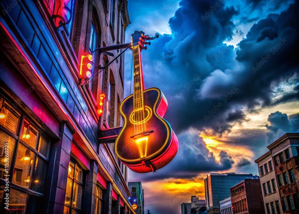 Nashville Broadway Street Neon Sign Cloudy Day - Vibrant Cityscape Stock Photo