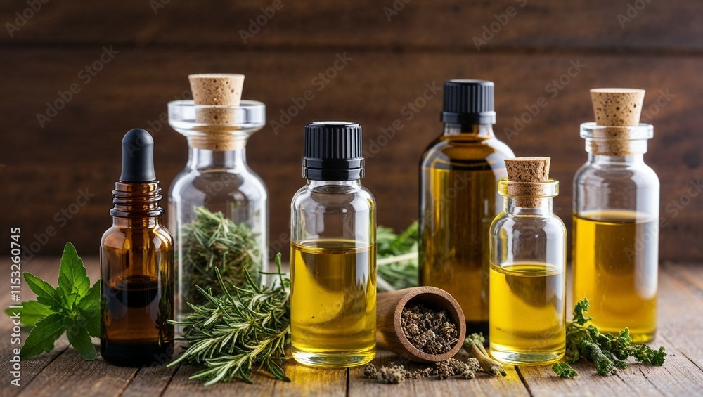 A glass bottle of organic essential oil with delicate flower petals, perfect for aromatherapy, spa treatments, and wellness A glass bottle of organic essential oil with delicate flower petals, perfect for aromatherapy, spa treatments, and wellness