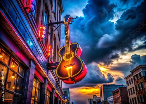 Nashville Broadway Street Neon Sign Cloudy Day - Vibrant Cityscape Stock Photo