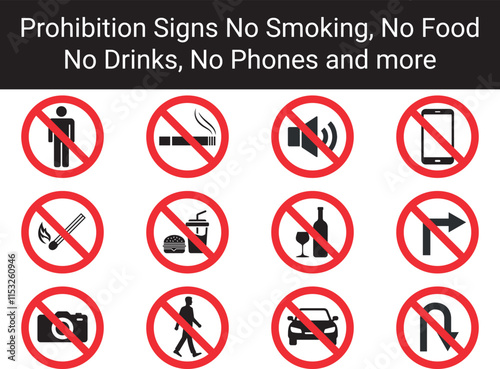Prohibition Signs No Smoking, No Food, No Phones, No Noise. Prohibition Icon Vector Illustration