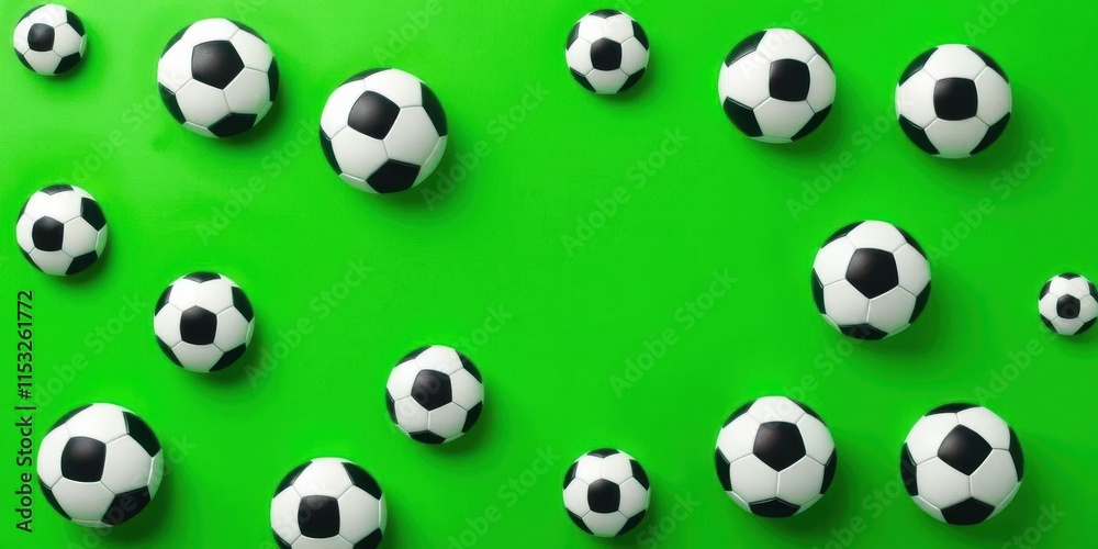 Vibrant Green Background with Soccer Balls of Various Sizes for Dynamic Sports Concepts and Creative Design Projects Vibrant Green Background with Soccer Balls of Various Sizes for Dynamic Sports Concepts and Creative Design Projects