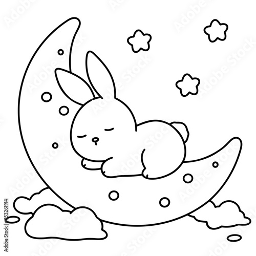 Little rabbit sleeps sweet dreams on the half moon, easy coloring page for kids, illustration, vector