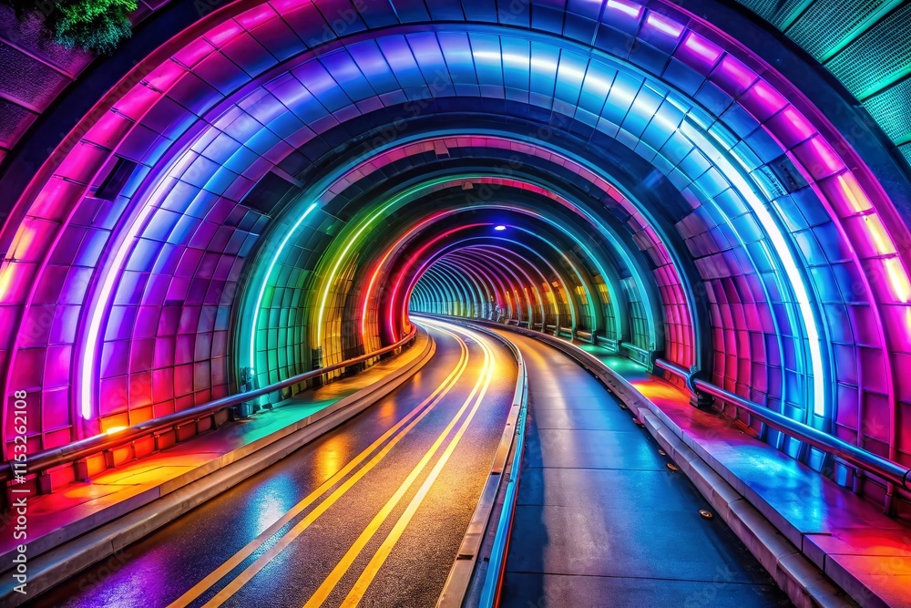 Neon Lights Tunnel Aerial View - Futuristic Cityscape Night Photography Neon Lights Tunnel Aerial View - Futuristic Cityscape Night Photography