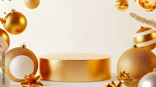 3D Christmas podium display with ornaments and evergreen branches golden silver and green poster background, new year and xmas advertising showcasing