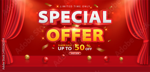 Special offer 3d text banner design. Sales discount promotion background. Vector illustration for shopping day, online shopping, voucher, banner template, websites, social media advertising.