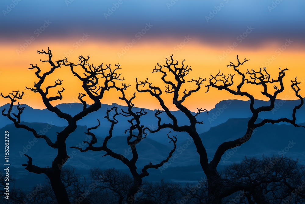 Silhouetted bare trees against a vibrant orange and blue sunset with distant mountains in the background Silhouetted bare trees against a vibrant orange and blue sunset with distant mountains in the background