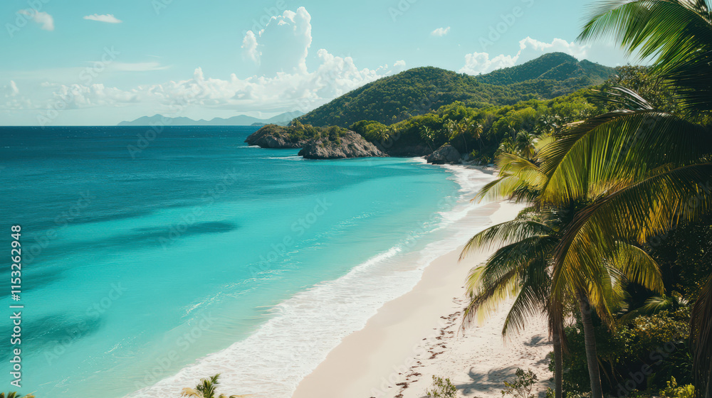 Serene tropical beach turquoise water white sand palm trees idyllic scene summer vacation Serene tropical beach turquoise water white sand palm trees idyllic scene summer vacation