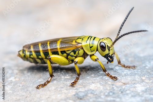 Macro Shot of a Vibrantly Colored Yellow and Green Insect with Antennae on a Grey Stone Surface photo