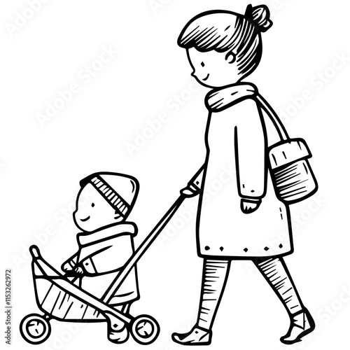 Parenting Concept: Woman Carrying Child in Cart Silhouette