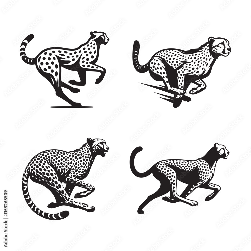 Obraz premium 4 Set of Black Running Cheetah Silhouettes Isolated on White Background
