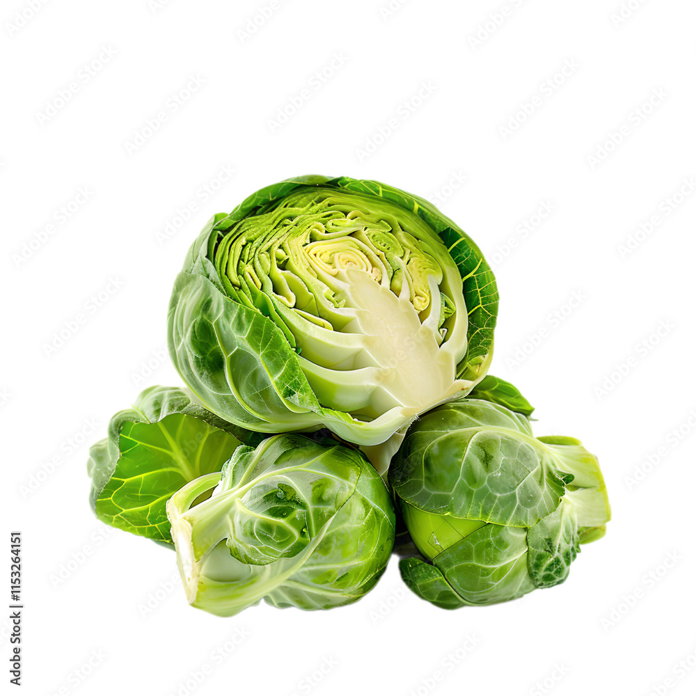 Brussels sprouts cabbage close up green fresh vegetable. Brussels cabbage food cut out. Vegetable for diet and healthy eating. Small head cabbage isolated on transparent background Brussels sprouts cabbage close up green fresh vegetable. Brussels cabbage food cut out. Vegetable for diet and healthy eating. Small head cabbage isolated on transparent background