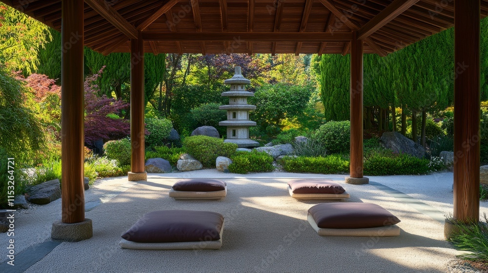 A serene meditation space amidst a Zen garden, Meditation cushions arranged under a pagoda, Minimalist photography style A serene meditation space amidst a Zen garden, Meditation cushions arranged under a pagoda, Minimalist photography style