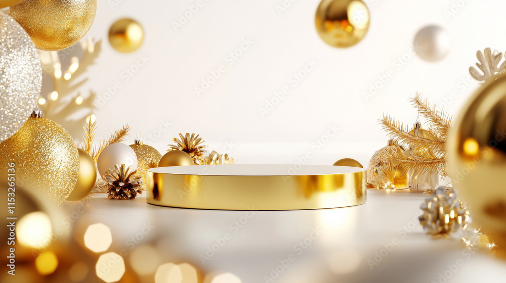 3D Christmas podium display with ornaments and evergreen branches golden silver and green poster background, new year and xmas advertising showcasing 3D Christmas podium display with ornaments and evergreen branches golden silver and green poster background, new year and xmas advertising showcasing
