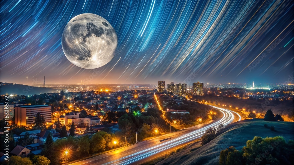 Fototapeta premium Night Half Moon Crescent Over Dark Cityscape