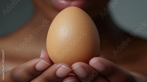 An african woman gently holds a brown egg in her hands, showcasing the delicate texture against a softly blurred background. photo