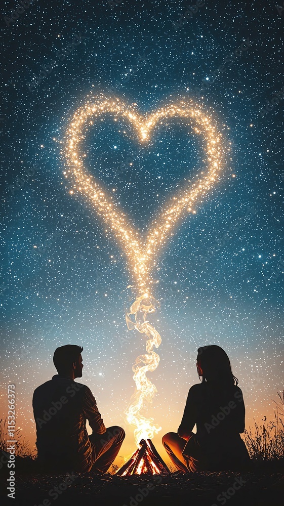 Obraz premium Romantic couple under starry sky with glowing heart smoke and romantic couple at romantic couple campfire ,romantic starry campfire,heart smoke love scene, night couple silhouette glow