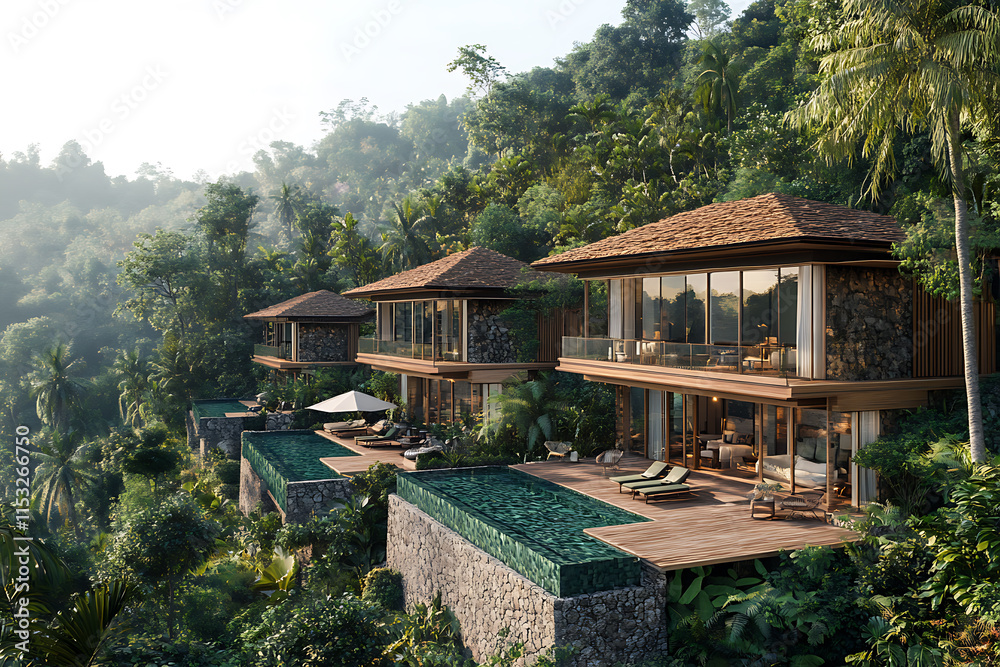 Naklejka premium Luxury Tropical Villas Nestled in Lush Mountain Landscape