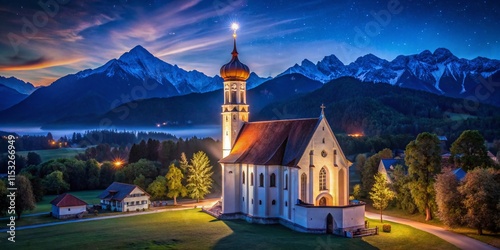 Night Photography: Illuminated St. Coloman Church, Schwangau, Bavaria, Germany photo