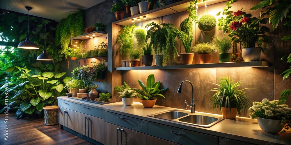 Night Photography: Lush Kitchen Vertical Garden, Illuminated Greenery Night Photography: Lush Kitchen Vertical Garden, Illuminated Greenery