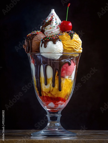 Decadent Ice Cream Sundae: Layers of Creamy Delight with Chocolate Drizzle photo