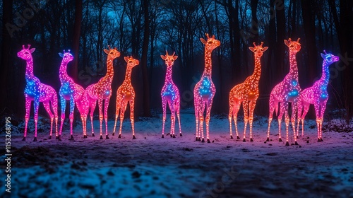 Illuminated Giraffe Sculptures in a Winter Forest photo