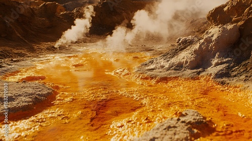 Close-up of a bubbling geoPermal pool at Hverir, wiP steam rising and vibrant orange earP glowing, in 4K resolution photo