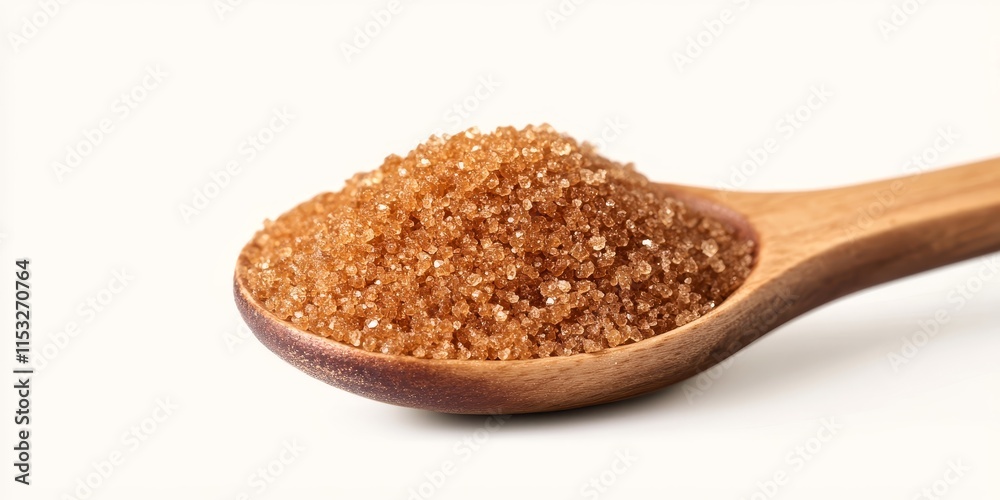 Brown sugar displayed in a wooden spoon against a white background, emphasizing the rich color and texture of brown sugar in a natural setting, highlighting its culinary versatility. Brown sugar displayed in a wooden spoon against a white background, emphasizing the rich color and texture of brown sugar in a natural setting, highlighting its culinary versatility.