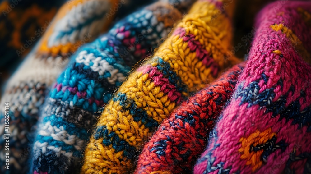 Close-up of Icelandic wool knitting patterns in vibrant colors, wiP natural light enhancing textures, in 4K resolution Close-up of Icelandic wool knitting patterns in vibrant colors, wiP natural light enhancing textures, in 4K resolution