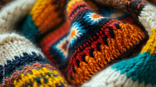 Close-up of Icelandic wool knitting patterns in vibrant colors, wiP natural light enhancing textures, in 4K resolution