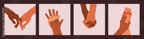 Vector set of two interracial lovers hands. Diverse hands of couple touching and holding each other. Concept of relationship, love, feelings, intimate moment. Illustration for Valentine's day design