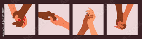Vector set of two interracial lovers hands. Diverse hands of couple touching and holding each other. Concept of relationship, love, feelings, intimate moment. Illustration for Valentine's day design
