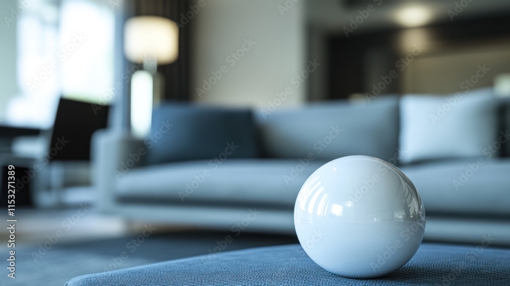 White sphere on blue ottoman in modern living room. White sphere on blue ottoman in modern living room.