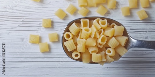 Spoon of quadretti, a delightful square shaped pasta, elegantly rests against a pristine white wooden background, showcasing the unique texture and versatility of quadretti pasta. photo