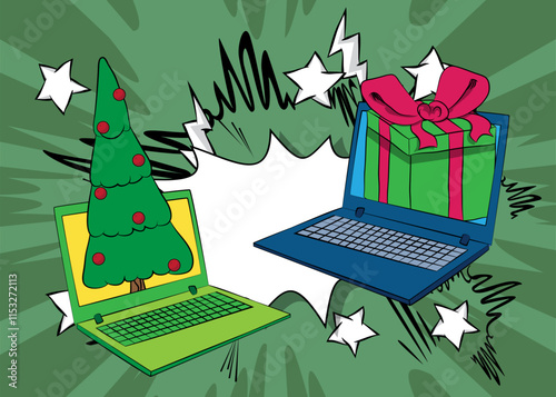 Cartoon Laptop, comic book Notebook with Gift Box and Christmas decorated pine tree. Retro vector comics pop art design.