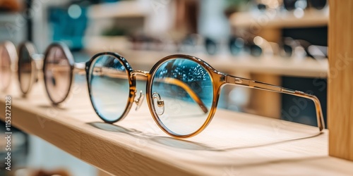 Chic round eyeglasses are showcased neatly on the store table, highlighting fashion and style with every pair. These fashionable eyeglasses attract attention in the shop. photo