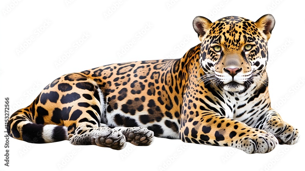 Obraz premium Majestic Jaguar Resting Gracefully On White Background