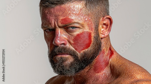 A man with visible muscle strain and skin irritation. Ideal for advertisements or educational materials related to pain relief, muscle recovery, or skincare for sensitive skin. photo