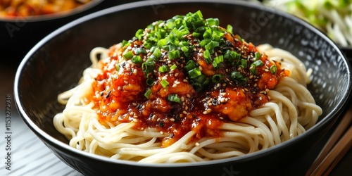 Spicy sauce served with cold noodles creates a delightful dish. Enjoy the refreshing taste of cold noodles topped with a bold and flavorful spicy sauce for an exciting culinary experience. photo