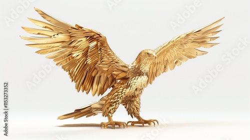 A realistic 3D model of a shiny gold eagle flagpole topper with lifelike textures, isolated on a pure white backdrop