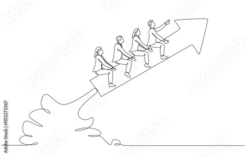 Continuous one line drawing of businesspeople riding rising arrow rocket together, cooperation and teamwork for business growth concept, single line art